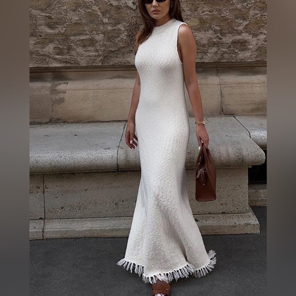White knit Fringed Long Dress size small